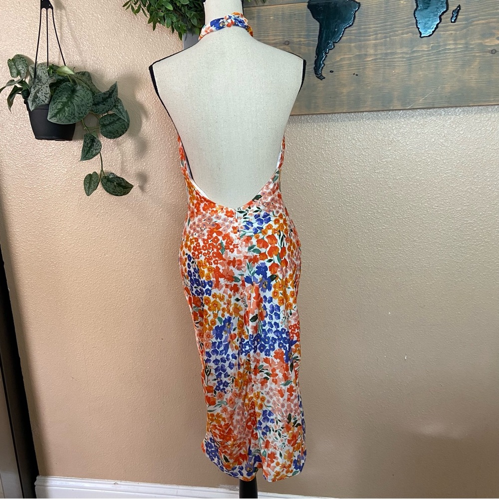 NWOT Lulus Bold Presence Orange Multi Floral Satin Halter Midi Dress - Picture 9 of 10